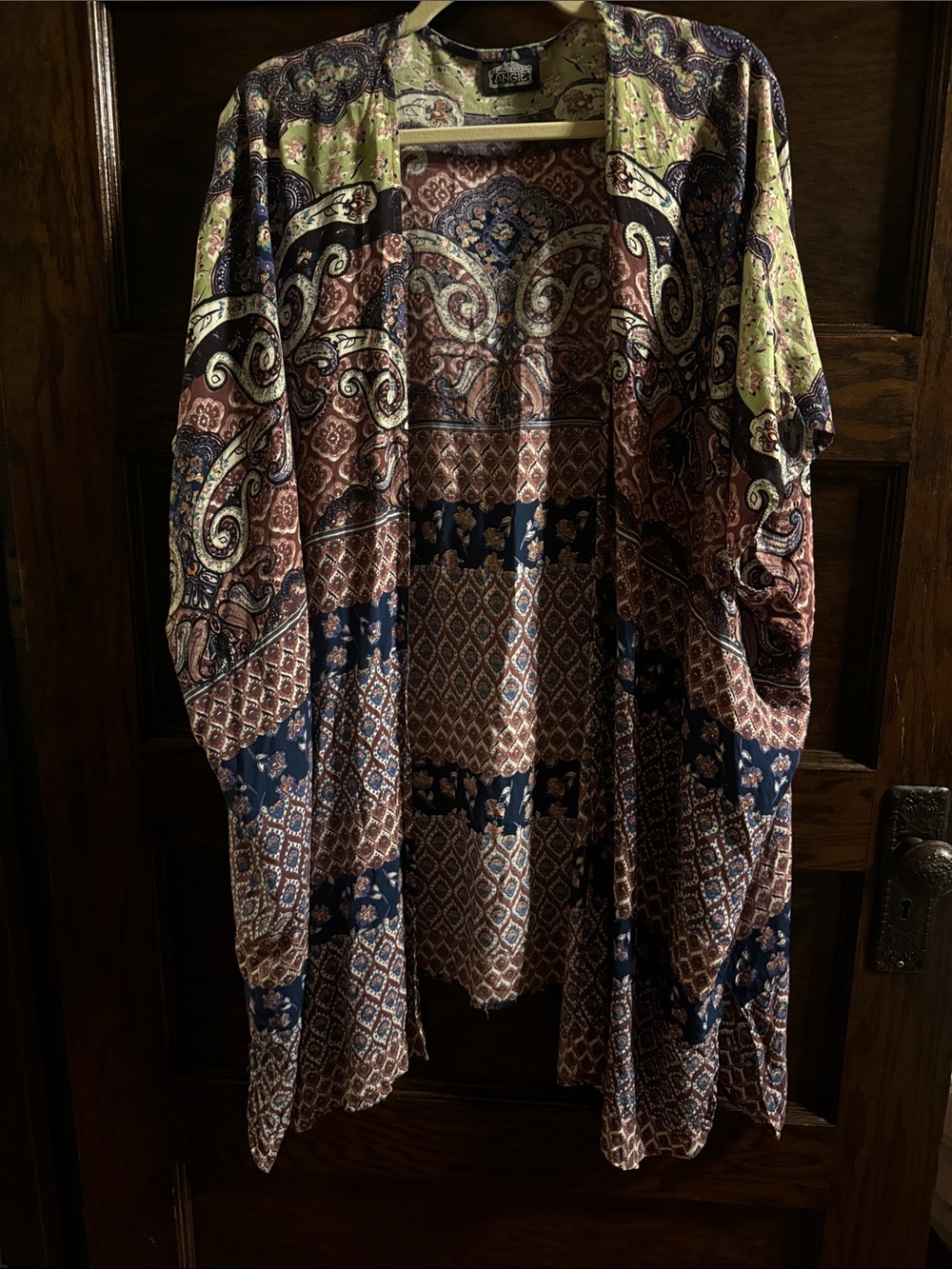 Angie Paisley Print Open-Front Kimono in Olive Green & Navy